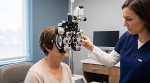 A woman is being examined by a doctor using an eye test machine