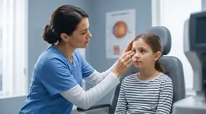 An optometrist examining a child's eye in a clinical setting.