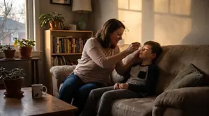 A woman helps a young boy administer eye drops while sitting on a couch in a living room