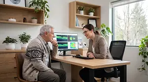 A man and woman sit at a desk. The man is wearing a sweater and the woman is wearing glasses. They are both looking at a computer monitor.