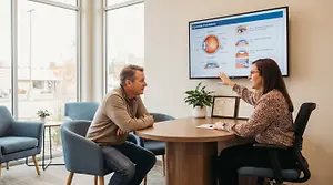 A doctor explains the eye procedure to a patient sitting at a table in a modern office.