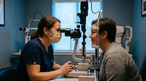 A female optometrist wearing a mask checks a patient's eyes in an optometrist's office.