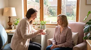 A woman is giving a pair of glasses to a seated woman in a chair near a window.