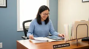 A woman sits at her desk with a tablet and a folder of papers. She is wearing glasses and a sweater. Behind her is a wall with a window and a framed picture.