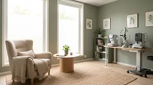 A room with a chair, a table, a rug, a desk with books and a plant, a wall with picture frames and a window with a view of trees and a house.