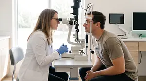 Optometrist examining a patient's eye with a phoropter