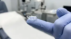 A person in blue gloves is holding a clear contact lens in an examination room.