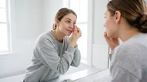 woman looking at her eyes in a mirror in a bathroom