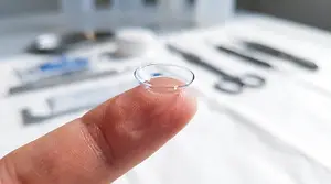 Close up of finger with contact lens and medical equipment in the background
