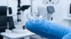 A clear contact lens in a doctor's hand