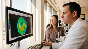 A man and woman are looking at an eye chart on a computer screen
