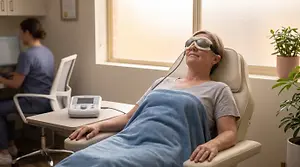 woman in recliner chair wearing eye masks while woman in blue scrubs sits in front of a computer monitor