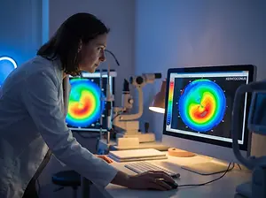 A woman in a lab coat using a computer to examine a keratoconus map