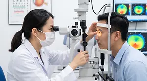 A woman wearing a mask examining the eyes of a man using an ophthalmoscope