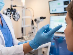 A person wearing a lab coat and blue gloves is examining a contact lens while standing in front of a monitor displaying a screen with graphs and data.