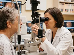 A woman doctor is examining the eyes of an elderly patient using an ophthalmoscope in a medical office