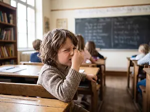 a boy sitting at a desk in a classroom covering his nose