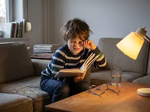 Young boy with dark brown hair sitting on a couch in a living room holding a book and rubbing his face with his right hand.