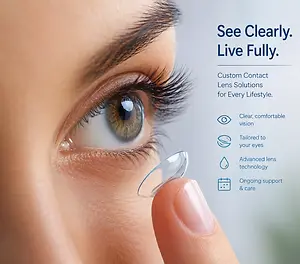 An image of a woman wearing a contact lens with a caption that says See Clearly, Live Fully
