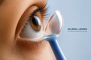 Scleral lenses being placed in a woman's eye