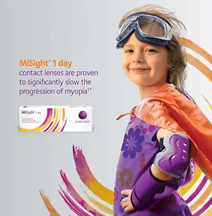 An advertisement for MiSight 1 Day contact lenses featuring a young girl with safety gear smiling and posing for the camera.