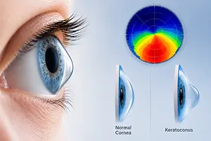 Illustration comparing normal cornea to keratoconus in an eye, showing light distortion and a cone-shaped bulge in the cornea with keratoconus.