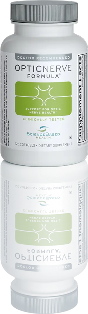 A bottle of Opti-Nerve Formula dietary supplement with the label and the bottom of the bottle visible