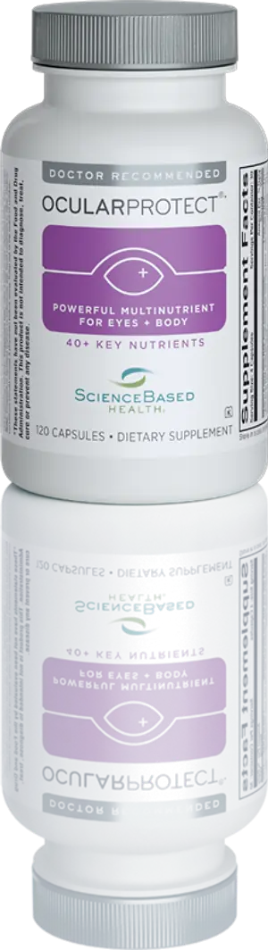 A bottle of Ocular Protect dietary supplement with a label that says Doctor Recommended and Science Based Health. The bottle contains 120 capsules and is shown on a black background with a reflection of the bottle below it.