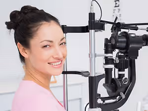 A woman is smiling while standing in front of an ophthalmoscope machine