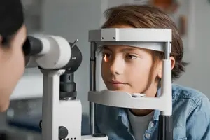 A young boy is undergoing an eye examination by a doctor in a clinic.