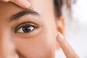 Woman placing contact lens in her eye
