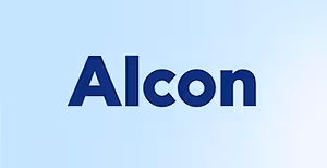 Alcon logo displayed on a light blue background