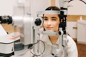 A smiling woman undergoing an eye examination with an optometrist using specialized equipment.