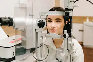 A smiling woman undergoing an eye examination with an optometrist using specialized equipment.