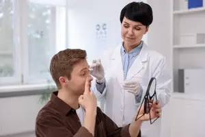 A man is having his eyes examined by a doctor in a clinic