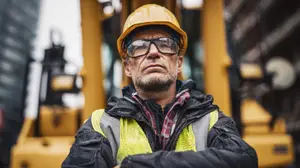 An older construction worker stands in front of a yellow machine with his arms crossed and looking to the left.