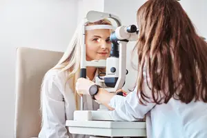 An optometrist is examining a female patient's eyes with an ophthalmoscope in a medical clinic.