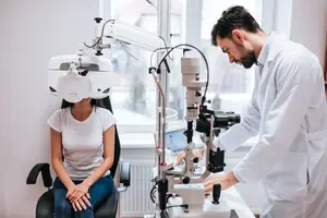 A woman wearing an eye mask is sitting in front of an eye doctor who is adjusting an eye machine.