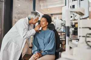 An older woman in a white lab coat examining a woman's eyes with a medical instrument