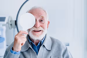 An elderly man is looking through a mirror and holding a white circular object in his right hand, possibly posing for a photograph.