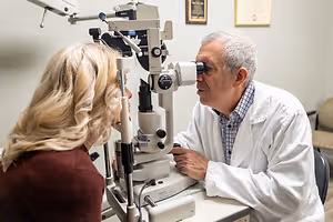 Doctor examining woman's eyes using an ophthalmoscope