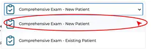A screenshot of a drop down menu with a red circle highlighting the 'Comprehensive Exam - New Patient' option.