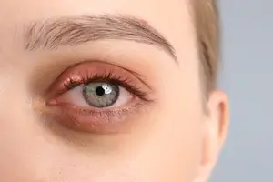 Close up of a woman's eye with a reddish and inflamed eyelid
