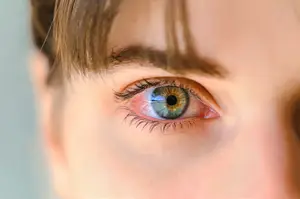 Close-up of a person's eye with noticeable redness and irritation