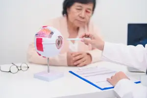 A doctor explains eye anatomy to a patient using a model eye and a pen in a medical setting