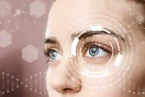 Closeup of a woman's face with an overlay of a circle with text and a hexagonal pattern