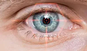 Close up of a male eye with a red laser light scanning the eye