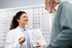 Optometrist showing an eye chart to a customer in an optical store
