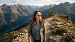 A woman hiking on a mountain trail with a view of the mountains in the distance