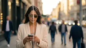 A woman on the side of the street is using her phone while people walk past her in the background